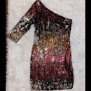 Bebe sequence multicolor one-shoulder mini dress.